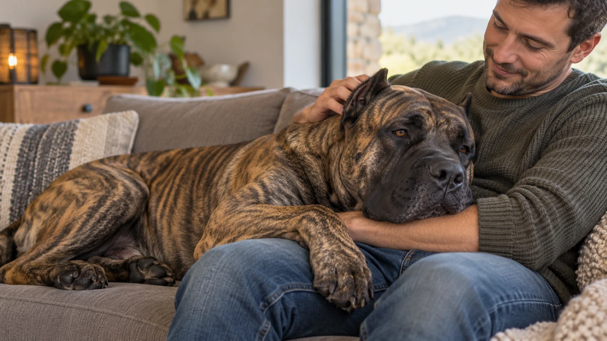 Presa Canario köpek — sahibinin kucağında