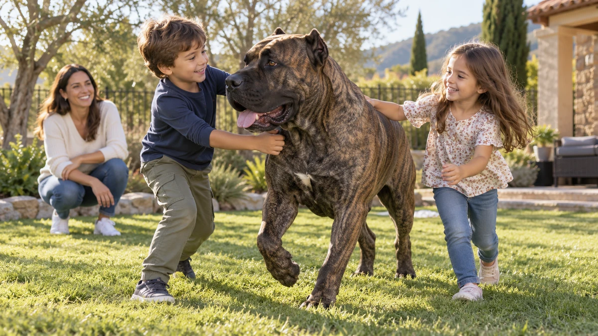 Presa Canario köpek — çocuklarla oyun